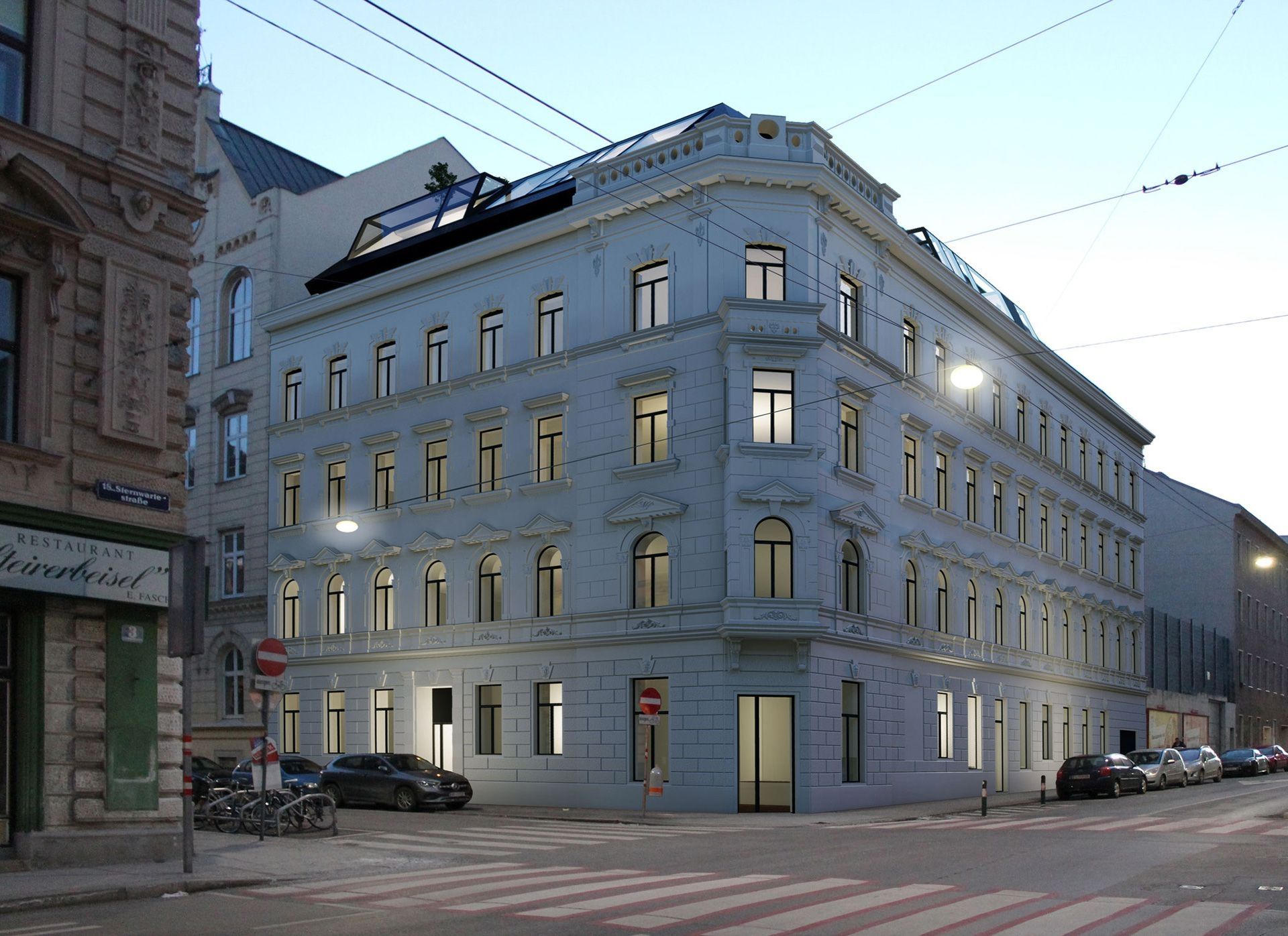 : Gründerzeithaus mit modernem Dachausbau an Straßenecke