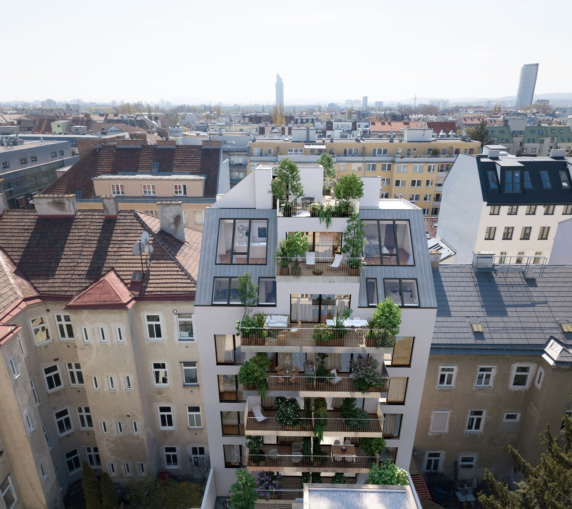 Dachaufstockung mit begrünten Balkonen in Wien