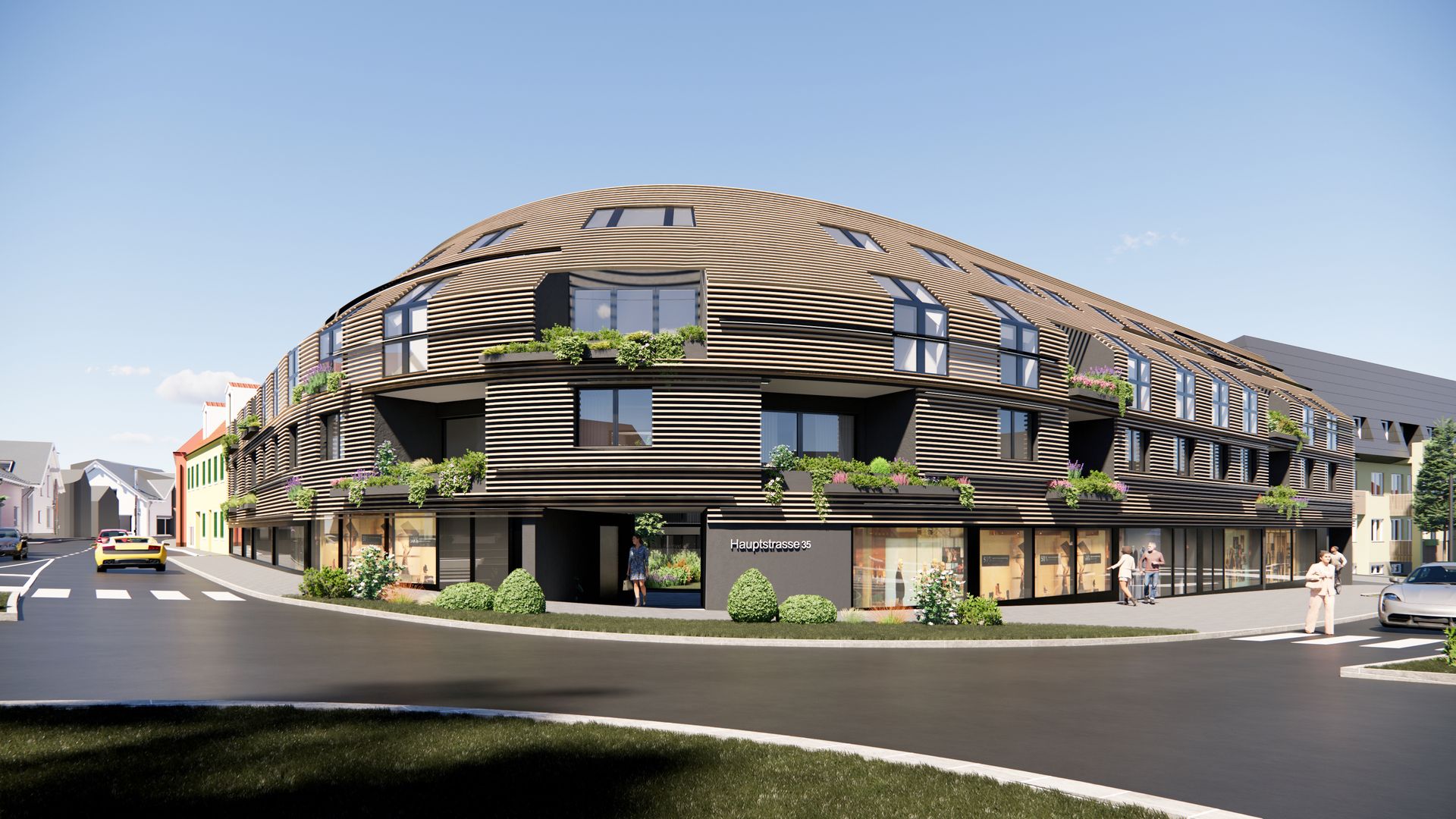 Modernes Wohn und Geschäftshaus mit geschwungener Fassade